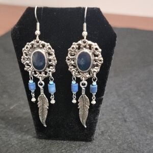 Silver Tone Dream Catcher Design With Blue Accents And Feather Charms Earings